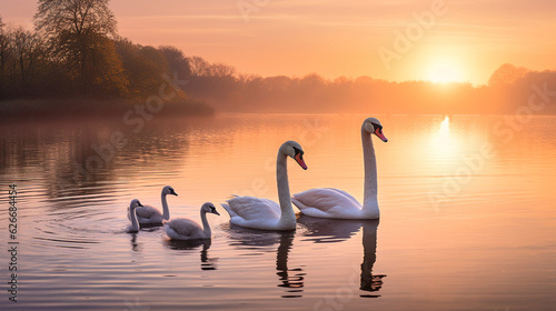 A picturesque tableau of swans gliding on a tranquil river  accompanied by the soft colors of a pastel sunset Generative AI