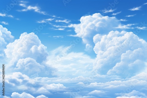 Dreamy sky with fluffy clouds and birds flying, Generative AI