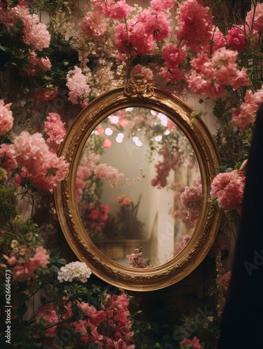 Pink floral art baroque style mirror pinky flowers lifestyle photography © Taran
