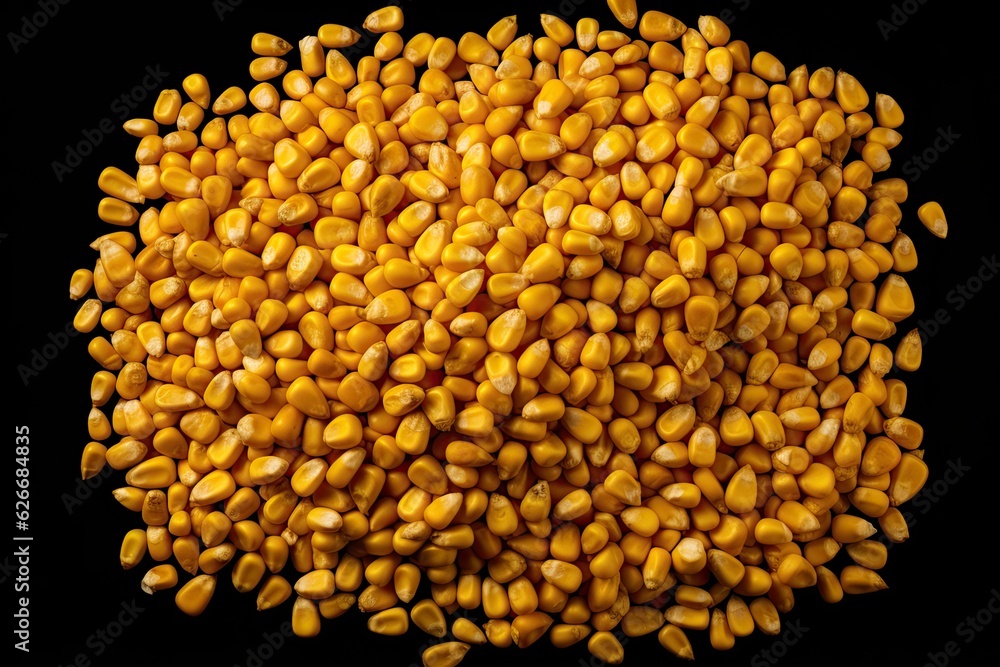 Corn seeds, kernels pile isolated on black background, top view Corn seeds, kernels pile isolated on black background, top view
