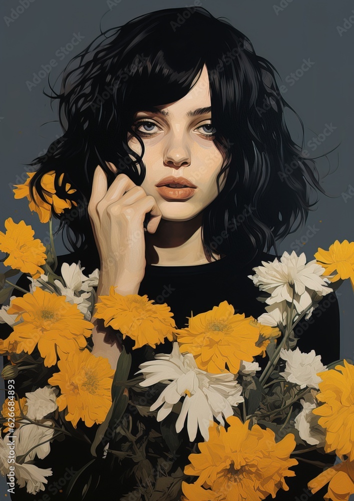Fototapeta premium Floral orange color illustration painting generate by AI pretty girl