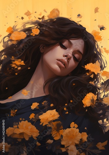 Floral orange color illustration painting generate by AI pretty girl