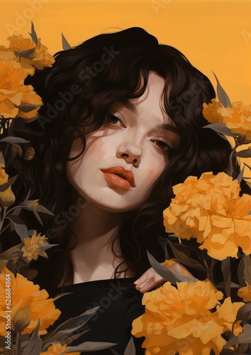 Floral orange color illustration painting generate by AI pretty girl photo