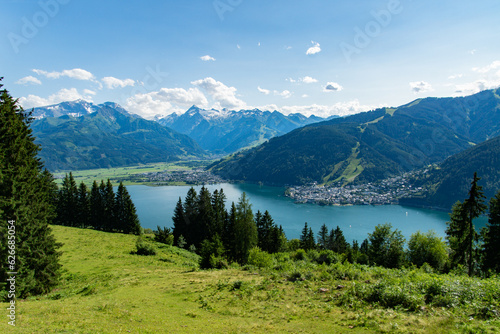 lake in the mountains, panorama of lake zell, view over zell am see and the austrian mountains