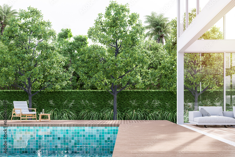 Modern contemporary style wooden terrace with green tile swimming pool in front of transparent living room 3d render overlooking green nature view.