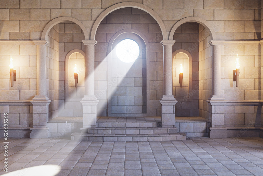 Cinematic style ancient luxury hall Made of stone decorated with torches and arches. There is a circle shape window with a sunbeam sent inside the 3D render illustration.
