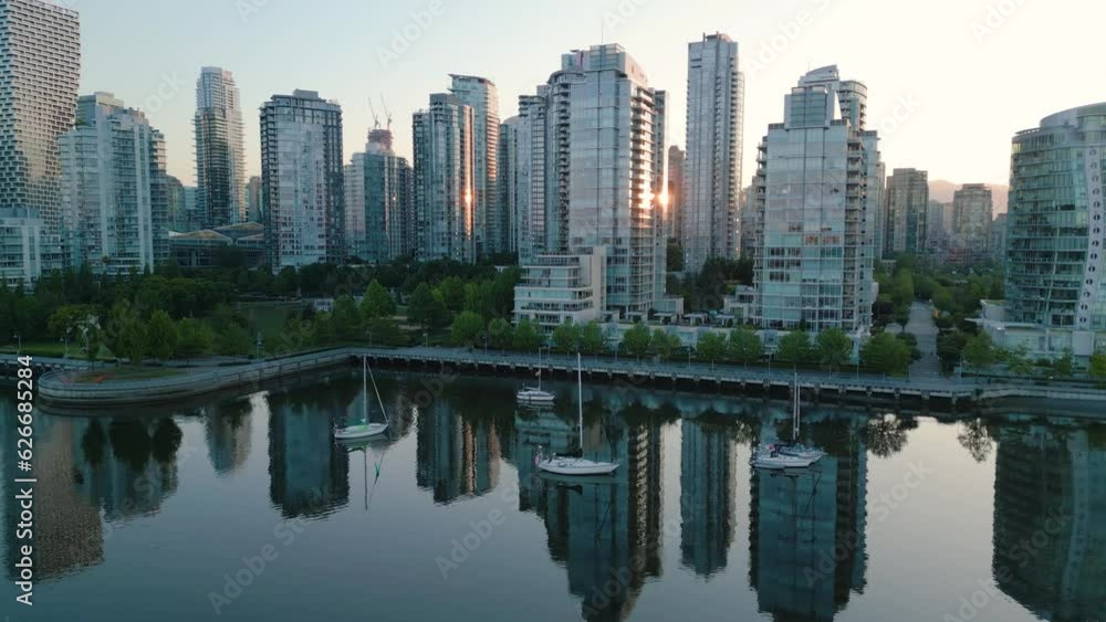 Aerial view of the skyscrapers in Downtown of Vancouver at dawn, Canada Aerial view of the skyscrapers in Downtown of Vancouver at dawn, Canada