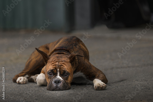 2023-07-21 A BRINDLE COATED BOXER LYING ON CEMENT WITH A SAD LOOK AND A BLURRY BACKGROUND IN MONROE WASHINGTON