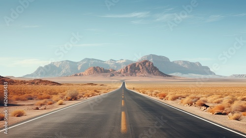 Horizontal paved road in desert with striped mountains on background
