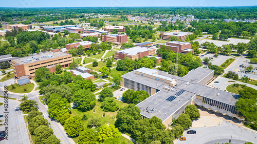 Aerial PFW Kettler Hall to Rhinehart Music Center college campus on bright summer day photo