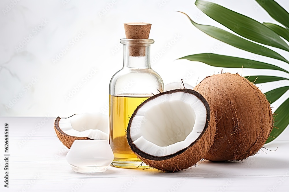 Mct oil bottle, open coconuts, white background Mct oil bottle, open coconuts, white background