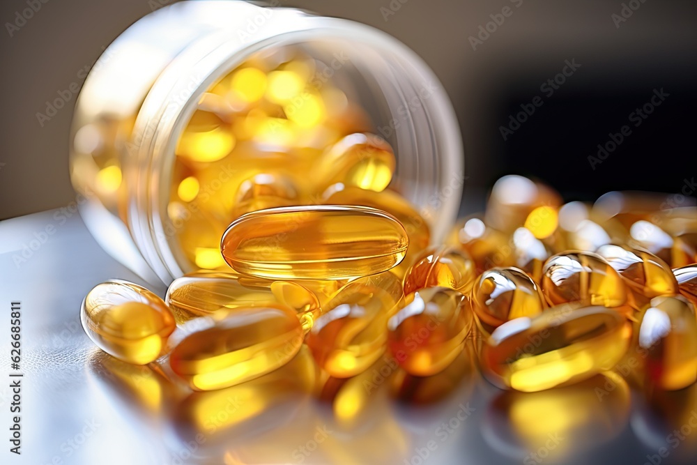 Omega - 3 capsules arranged in a glass jar Omega - 3 capsules arranged in a glass jar