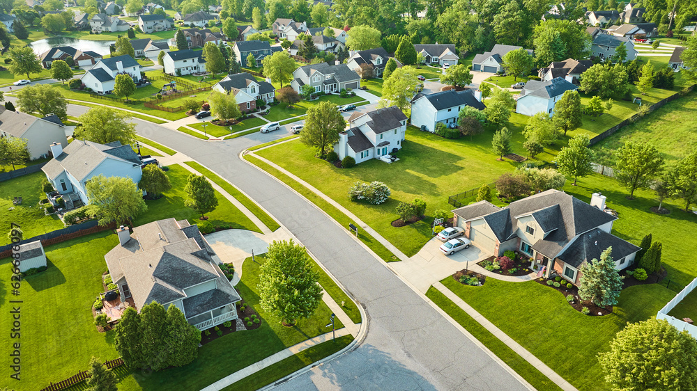 Landscaping on middleclass homes aerial neighborhood fresh cut lawns