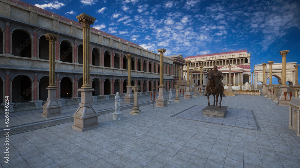Ancient Roman forum buildings with columns and statue. 3D rendering.