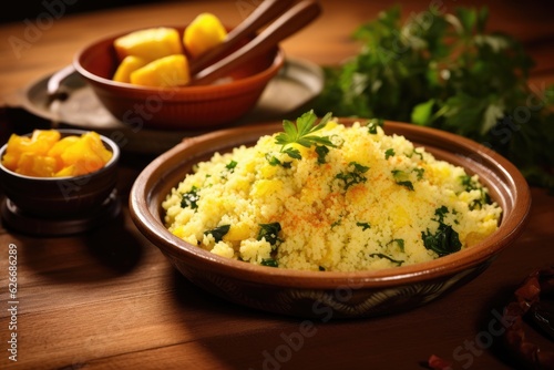 couscous with vegetables and herbs on a dark rustic wooden background