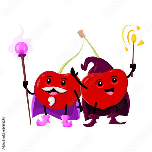 Cartoon cherry berry pair wizard characters. Vector funny senior and young magicians, necromancers in cape and hat with magic wand or staff casting spell. Conjurers, sorcerers healthy food personages