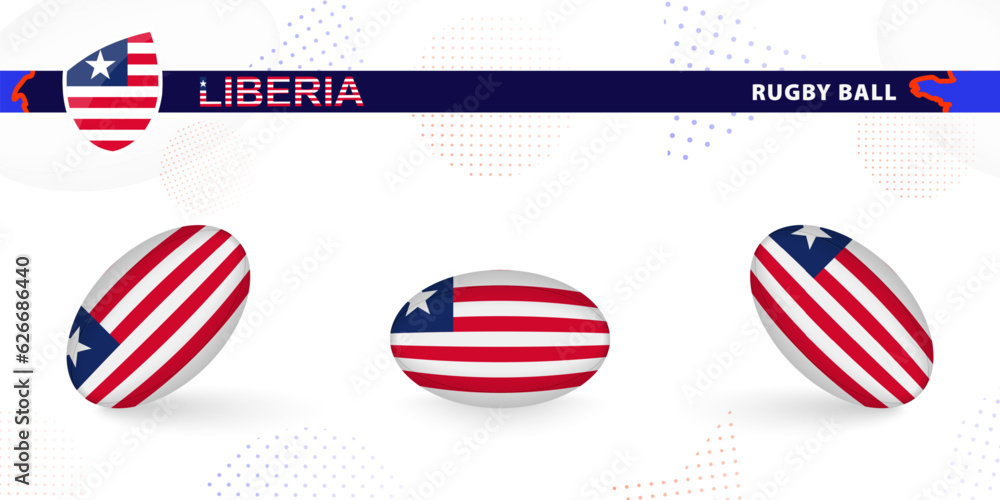 Rugby ball set with the flag of Liberia in various angles on abstract background.