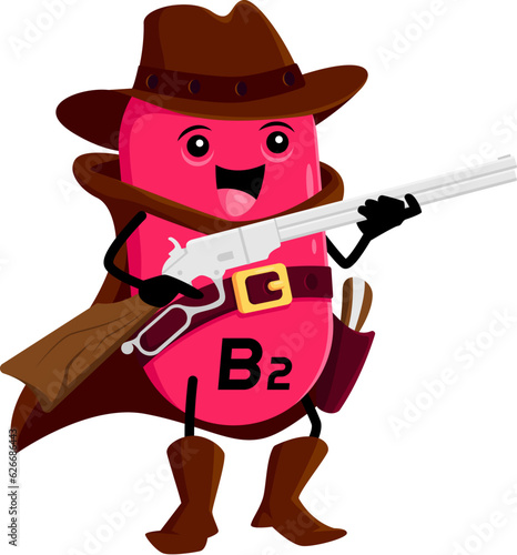 Cartoon vitamin B2 cowboy character with rifle of Wild West ranger, vector kids mascot. Funny cute vitamin B2 in western cowboy hat and Texas boots with rifle shotgun in bandoleer
