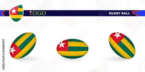 Rugby ball set with the flag of Togo in various angles on abstract background.