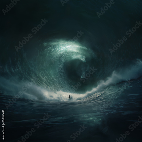An ai-generated image of a tiny man defiantly standing against the colossal might of a giant wave. The power of mindfulness in navigating life's challenges with grace and resilience.Strength of spirit