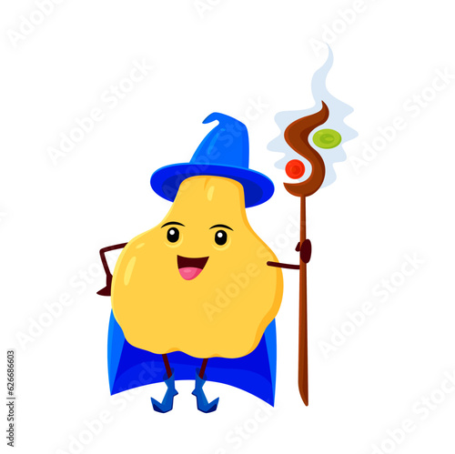 Cartoon yellow quince or pear fruit wizard or mage character. Funny ripe vector sorcerer, magic personage in witch hat and cape holding staff. Smiling ripe healthy wiz fruit enchanter or necromancer