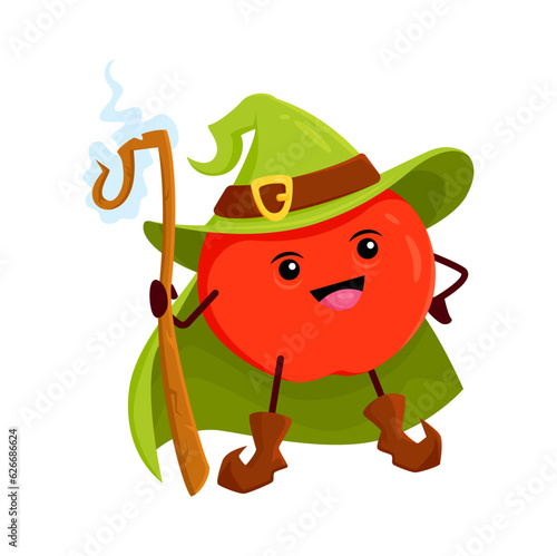 Cartoon red apple fruit wizard or magician character. Vector necromancer personage with magic staff. Funny wiz in green cape and smiling face. Sorcerer garden fruit, healthy vitamin food enchanter