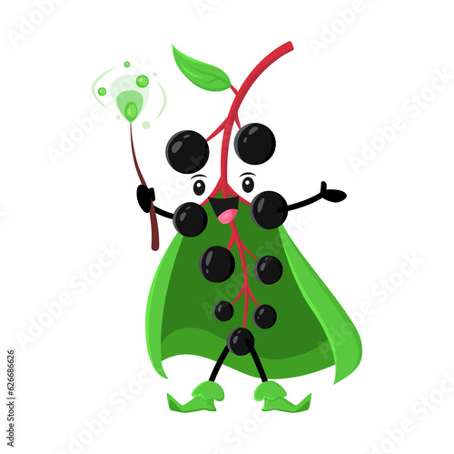 Cartoon birds cherry berry wizard, mage or magician character. Vector magic vitamin food personage casting spell with wand. Funny smiling sorcerer in green cape, healthy fascinator, wiz berry bunch