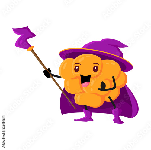 Cartoon cloudberry berry wizard or magician character. Vector necromancer personage with magic staff. Funny wiz in purple cape, hat and smiling face. Sorcerer garden plant, healthy vitamin enchanter
