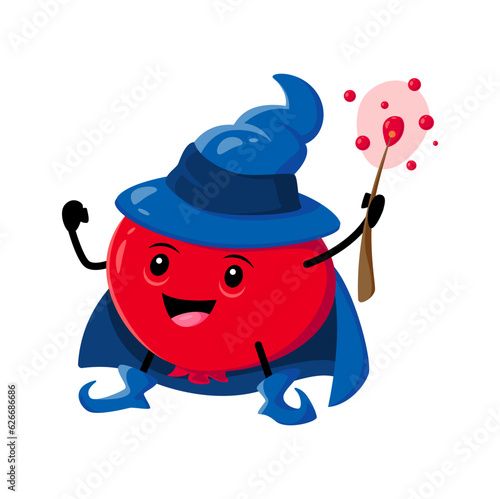 Cartoon cranberry wizard or mage character. Vector magician mooseberry with magic wand casting spell. Funny smiling sorcerer in blue hat and cape, healthy food fascinator Halloween conjurer personage photo