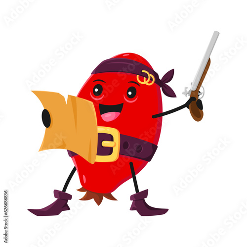 Cartoon rosehip berry pirate character with treasure map and musket. Vector happy smiling corsair rose hip, buccaneer in sailor bandana searching hidden loot. Isolated freebooter picaroon personage