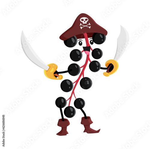 Cartoon black bird cherry pirate with sabers. Isolated vector berry captain, happy corsair attack with sabres. Smiling buccaneer character, freebooter or picaroon healthy vitamin personage adventure