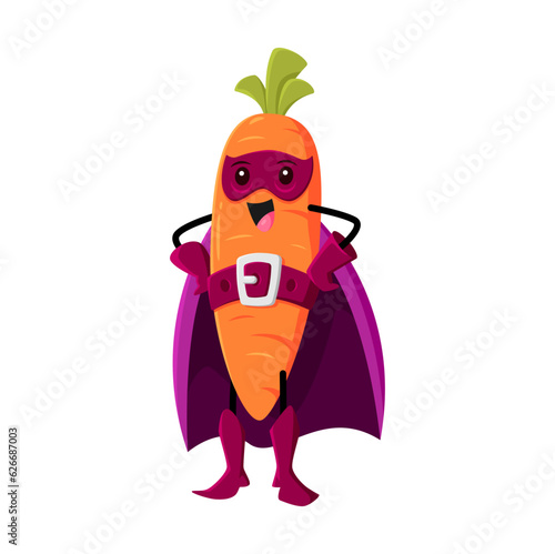Cartoon carrot super hero vegetable character. Isolated vector funny plant source of carotene vitamin in cloak and mask with arms akimbo. Fairytale healthy food, superhero comics book personage