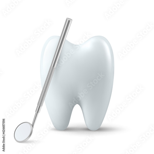 Vector 3d Realistic Dental Inspection Mirror for Teeth with Tooth Icon Closeup Isolated on White Background. Medical Dentist Tool. Design Template, Clipart. Dental Health Concept