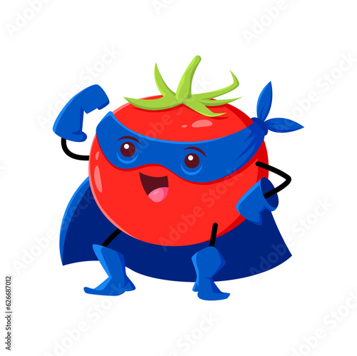 Cartoon tomato vegetable super hero character. Isolated vector fresh juicy veggies with super power. Funny vitamin plant superhero personage in cloak and mask with strong arms. Fairytale healthy food