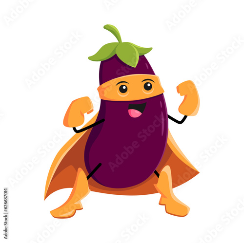 Cartoon eggplant super hero vegetable character. Isolated vector funny veggies comics book vigilante donning cloak and mask. Fairytale healthy food, vitamin superhero personage, fresh garden plant