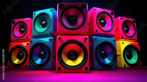 Stunning audio speakers in neon pink, electric blue, and lime green glow, giving the vibrant impression of emitting sound. The glowing, bright, warm colors pop. 