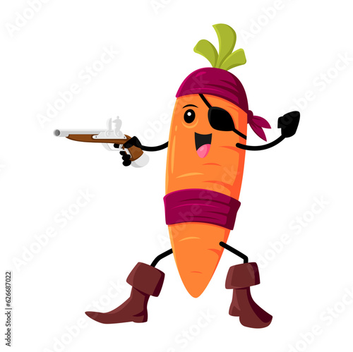 Cartoon carrot pirate, vector corsair vegetable character shoot with musket. Funny veggies personage in filibuster carnival costume aiming with gun. Buccaneer or picaroon garden plant, healthy food