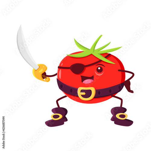 Cartoon tomato vegetable pirate and corsair character. Vector ripe comic cheerful plant sea dog wear filibuster clothing, eye patch, buccaneer belt or boots hold saber ready for fight or boarding ship