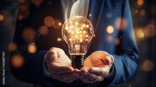 Smart businessman hand holding light bulb. idea concept with innovation, AI generated image
