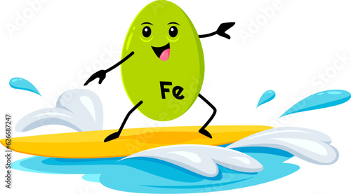 Cartoon ferrum micronutrient character on surf board during summer vacation. Funny vector Fe element sportsman rides sea or ocean wave. Vitamin personage watersport recreation, fun holidays activity
