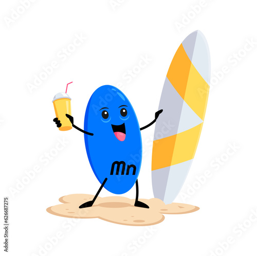 Cartoon Manganese or manganum micronutrient character with surfboard and cocktail on summer beach. Isolated vector Mn blue vitamin capsule personage standing on sand. Cheerful food supplement surfer