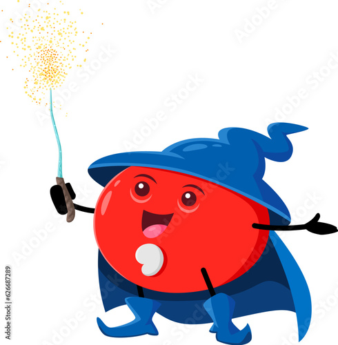 Cartoon Halloween tomato vegetable wizard, witch and mage character character. Funny vector magician veggies wiz in witch hat and wand. Red ripe tomato sorcerer with white beard on smiling face