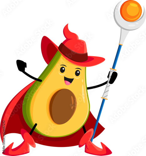 Cartoon avocado Halloween vegetable wizard, witch and mage character with magic staff. Vector quirky whimsical tropical veggies magician personage performing magical trick, promoting healthy food