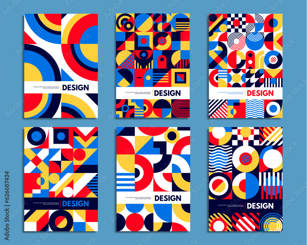 Abstract geometric patterns, bauhaus posters of vector circles, squares, triangles and wavy line shapes. Retro graphic elements and creative forms of bauhaus banners and presentation flyers set