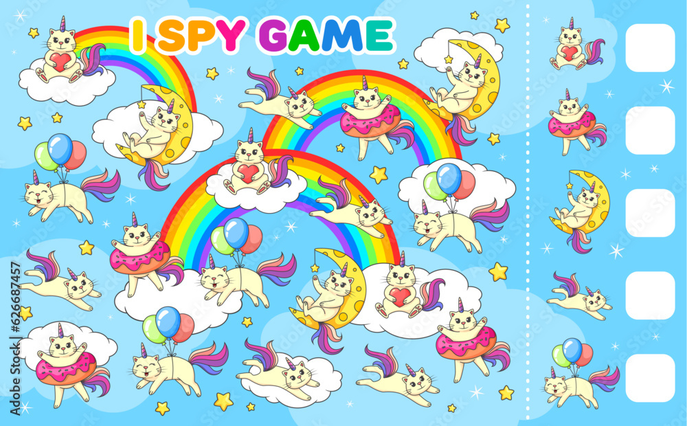 I spy game, cartoon cute caticorn cats and kittens on rainbow. Vector worksheet of unicorn cats characters puzzle quiz. Find and count funny caticorn personages with balloons, donut floatie and moon