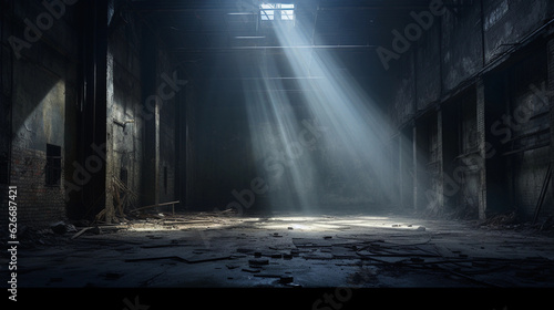 Light shining in a dark, abandoned warehouse