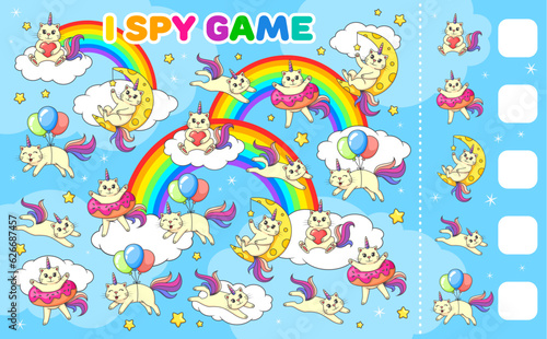 I spy game, cartoon cute caticorn cats and kittens on rainbow. Vector worksheet of unicorn cats characters puzzle quiz. Find and count funny caticorn personages with balloons, donut floatie and moon © Buch&Bee
