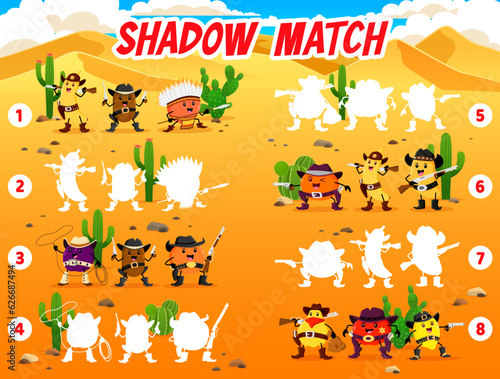 Shadow match game. Wild West cartoon Western cowboy, sheriff and robber fruits characters vector puzzle quiz and riddle. Kids education activity worksheet with Wild West orange, banana, apple, mango