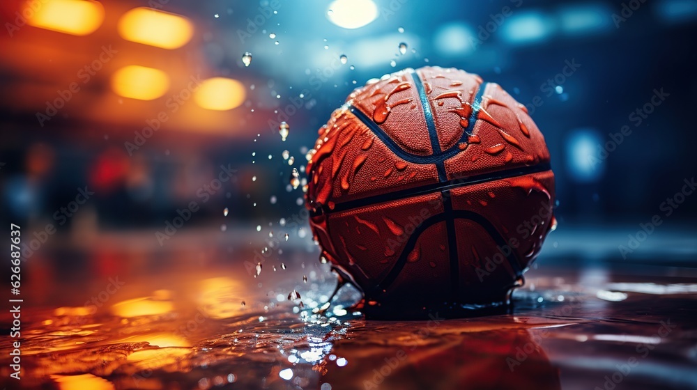 Sport basketball ball on black blur background, AI generated image