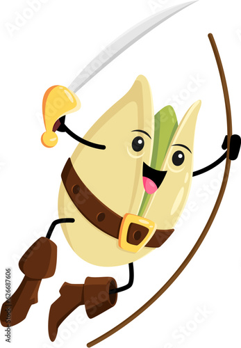 Cartoon pistachio nut pirate character holding saber riding a rope, ready for adventure on the high seas. Isolated vector brave healthy protein snack freebooter personage boarding or attack ship